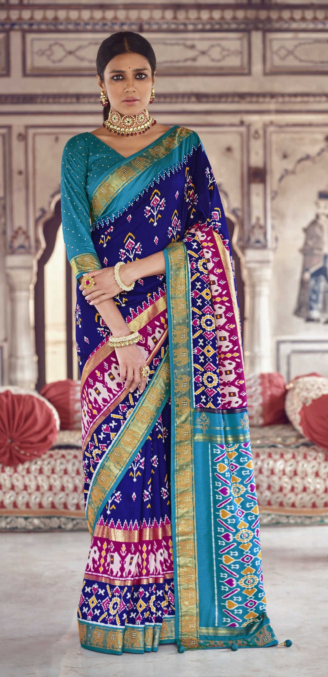 Dark Blue Patola-Silk Saree | Heavy-Woven Designer for Weddings