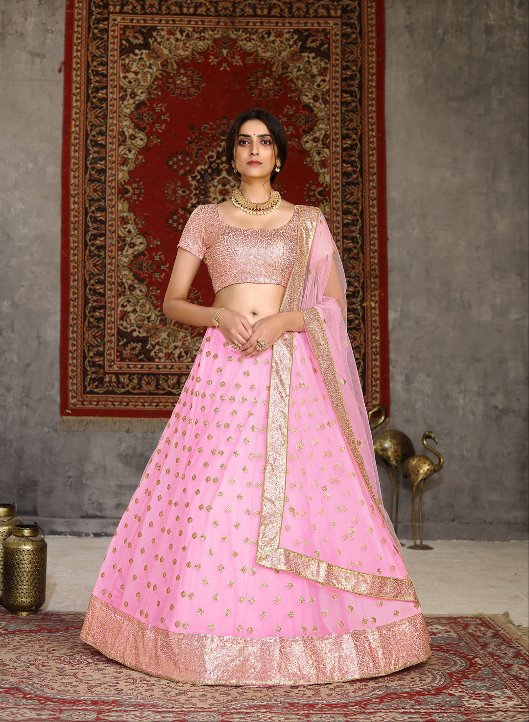 Luxurious Pink Net Lehenga Choli | Heavy Sequins Embroidery Work for Weddings