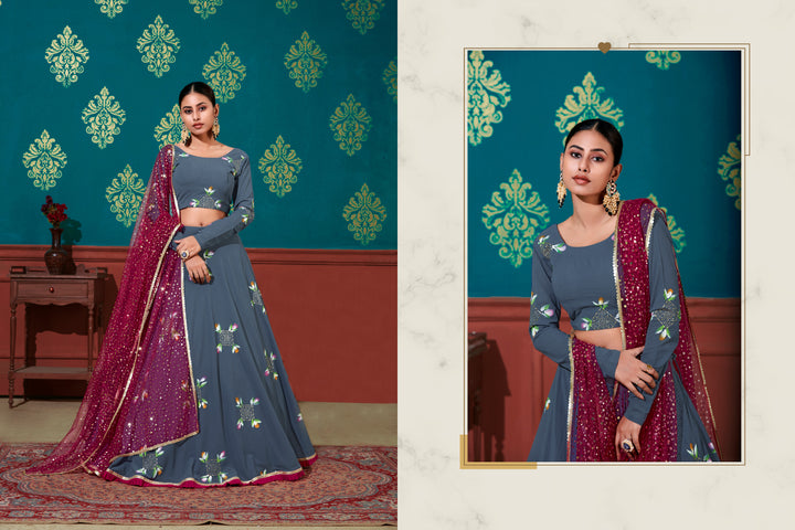 Luxurious Blue Georgette Lehenga with Magenta Dupatta | A Stylish and Sophisticated Choice