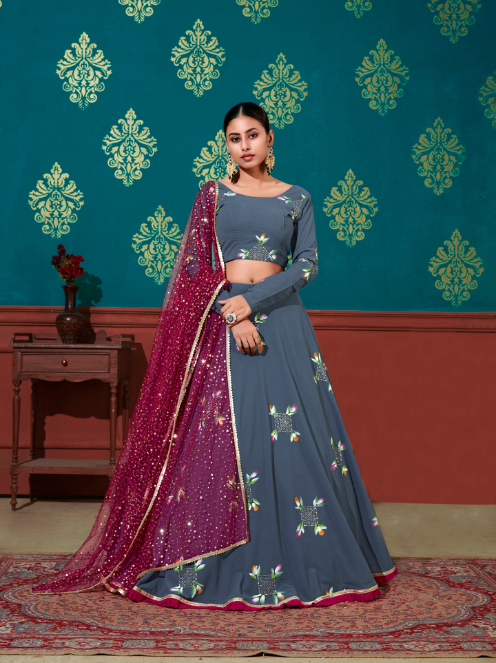 Luxurious Blue Georgette Lehenga with Magenta Dupatta | A Stylish and Sophisticated Choice