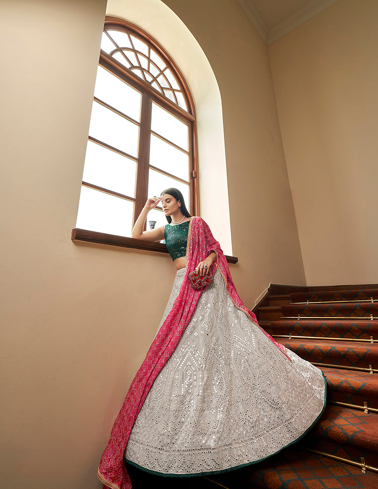 Beautiful Off-White Organza Lehenga with Pink Dupatta | Crafted for Timeless Elegance