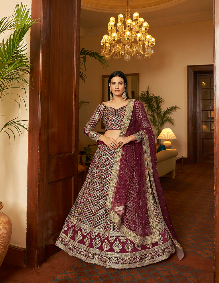 Exquisite Maroon Crepe Lehenga with Maroon Dupatta | An Exclusive Designer Masterpiece