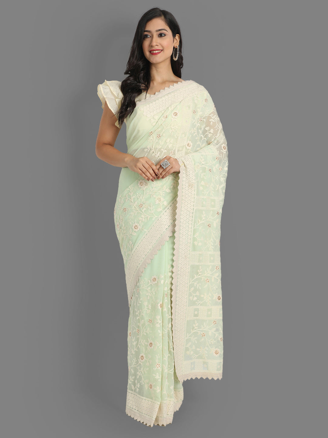 Faux-Georgette Saree with Silk Blouse | Lucknowi Embroidery for Events