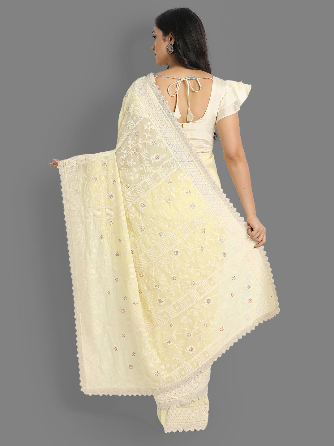 Faux-Georgette Saree with Silk Blouse | Lucknowi Embroidery for Events