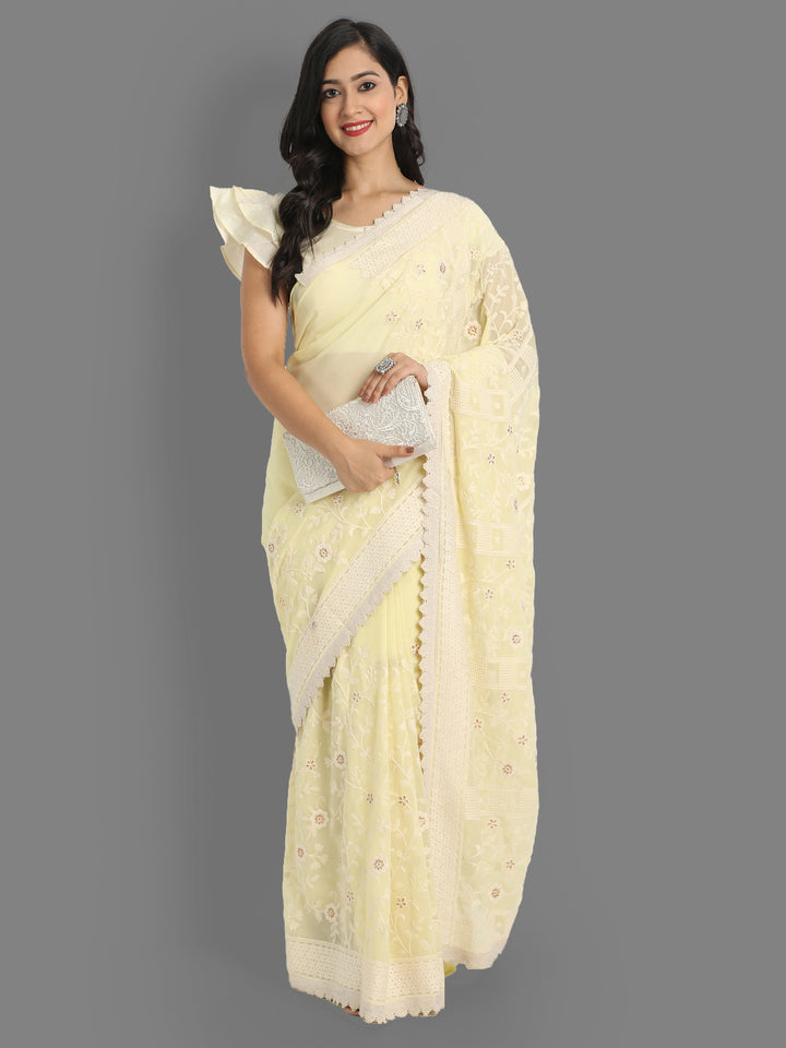 Faux-Georgette Saree with Silk Blouse | Lucknowi Embroidery for Events