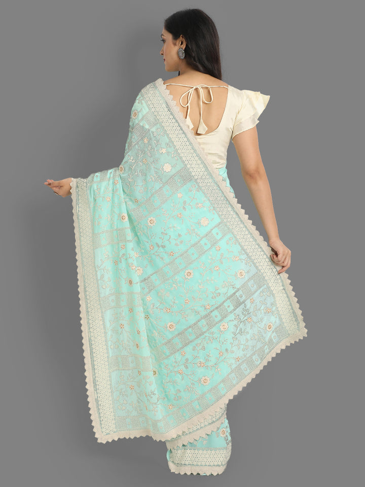 Faux-Georgette Saree with Silk Blouse | Lucknowi Embroidery for Events