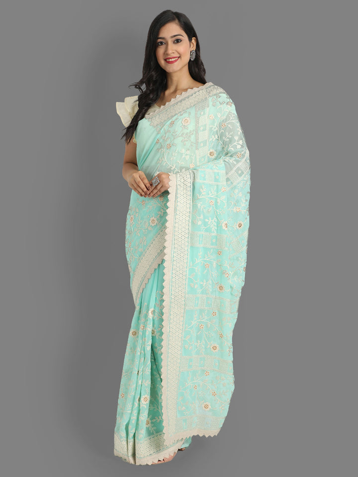 Faux-Georgette Saree with Silk Blouse | Lucknowi Embroidery for Events