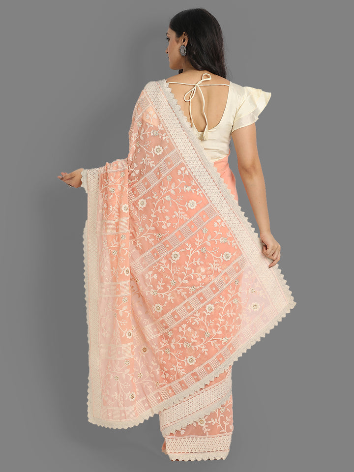 Faux-Georgette Saree with Silk Blouse | Lucknowi Embroidery for Events