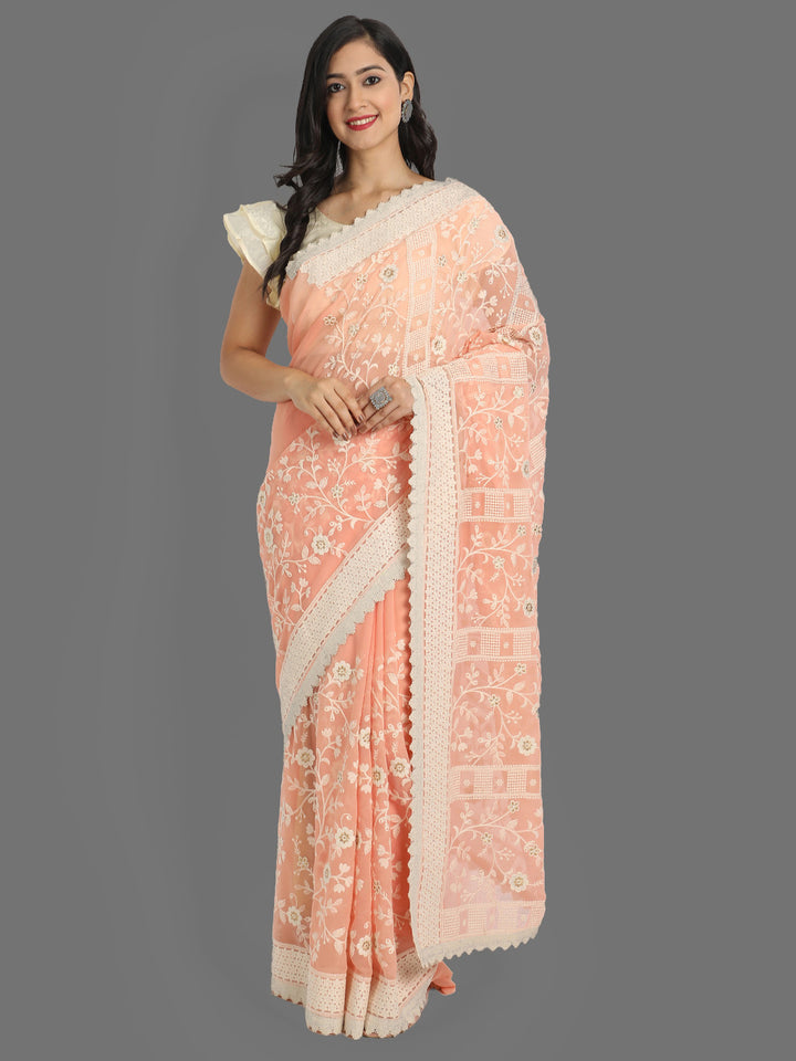 Faux-Georgette Saree with Silk Blouse | Lucknowi Embroidery for Events