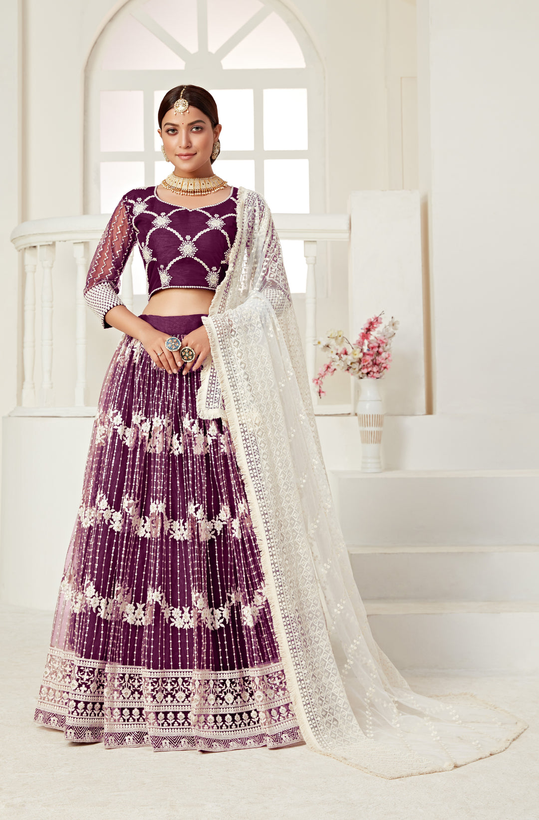 Elegant Wine Net Lehenga with White Dupatta | A Captivating Traditional Ensemble