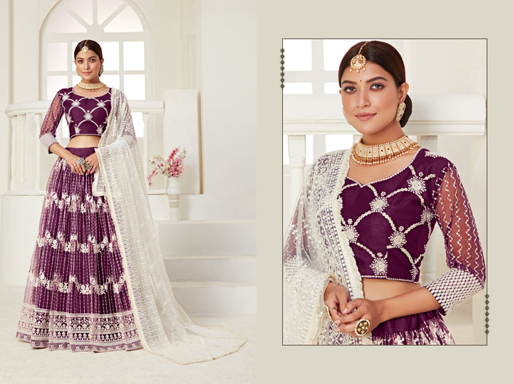 Elegant Wine Net Lehenga with White Dupatta | A Captivating Traditional Ensemble