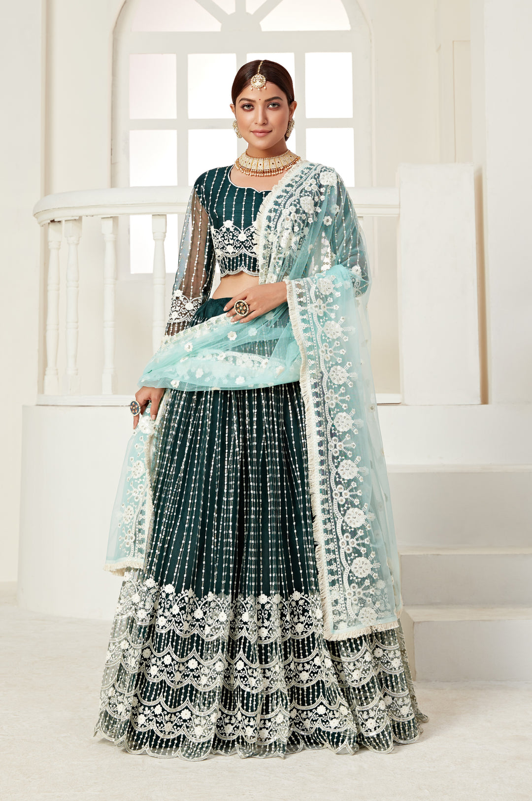 Radiant Green Net Lehenga with Sky Blue Dupatta | A Graceful Addition to Your Wardrobe