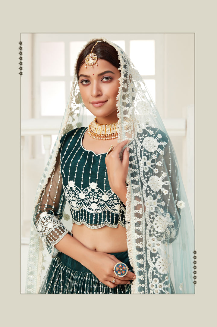 Radiant Green Net Lehenga with Sky Blue Dupatta | A Graceful Addition to Your Wardrobe