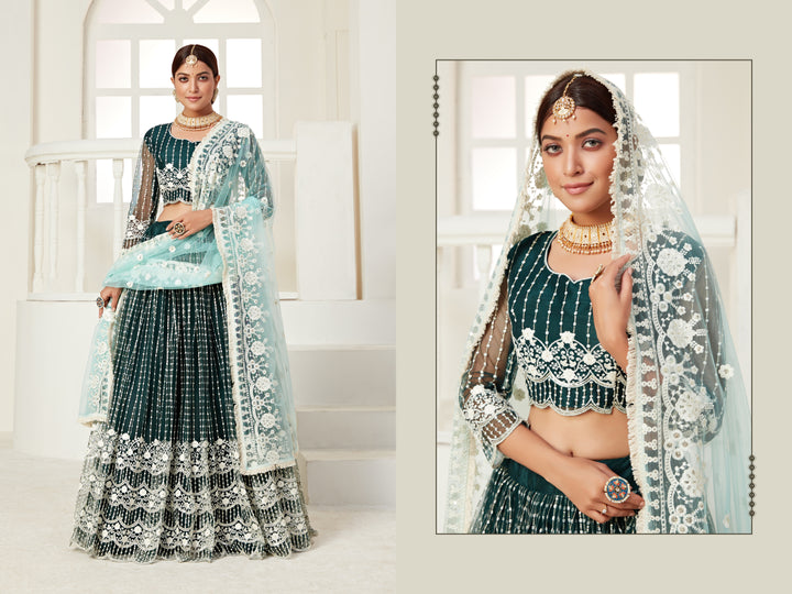 Radiant Green Net Lehenga with Sky Blue Dupatta | A Graceful Addition to Your Wardrobe