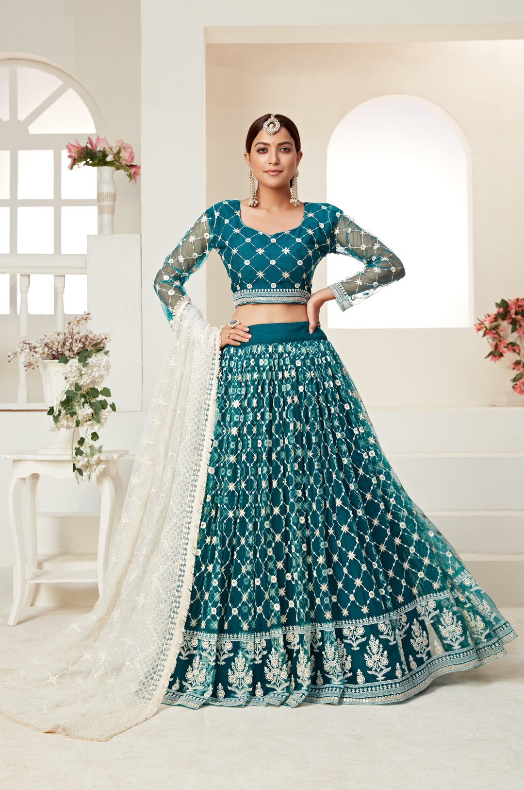 Breathtaking Teal Green Net Lehenga with White Dupatta | Unmatched Beauty for Grand Occasions