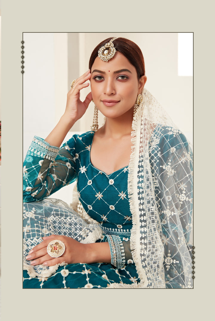 Breathtaking Teal Green Net Lehenga with White Dupatta | Unmatched Beauty for Grand Occasions