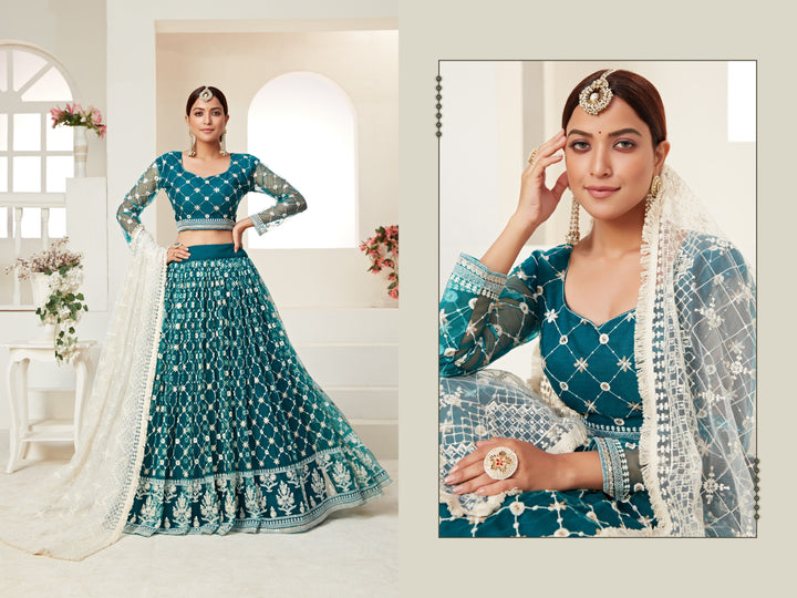 Breathtaking Teal Green Net Lehenga with White Dupatta | Unmatched Beauty for Grand Occasions