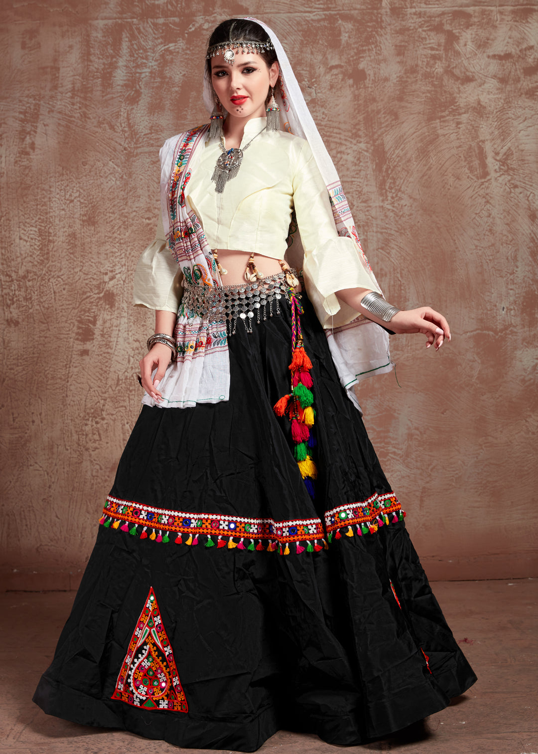 Luxurious Black Tafeta Silk Lehenga with White Dupatta | A Captivating Traditional Ensemble