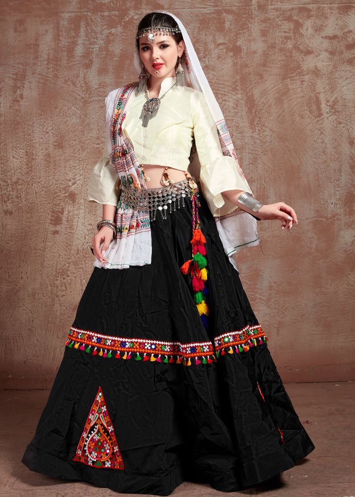 Luxurious Black Tafeta Silk Lehenga with White Dupatta | A Captivating Traditional Ensemble