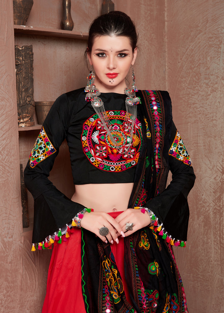 Breathtaking Red Cotton Lehenga with Black Dupatta | A Stylish and Sophisticated Choice