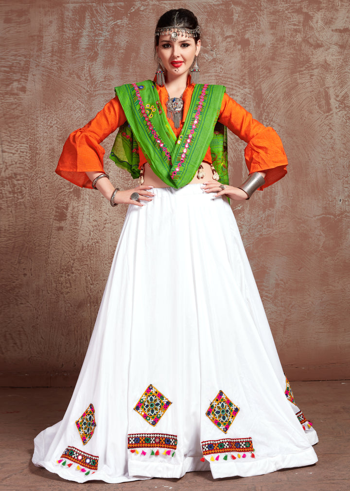 Charming White Cotton Lehenga with Green Dupatta | Elegance Redefined for Brides