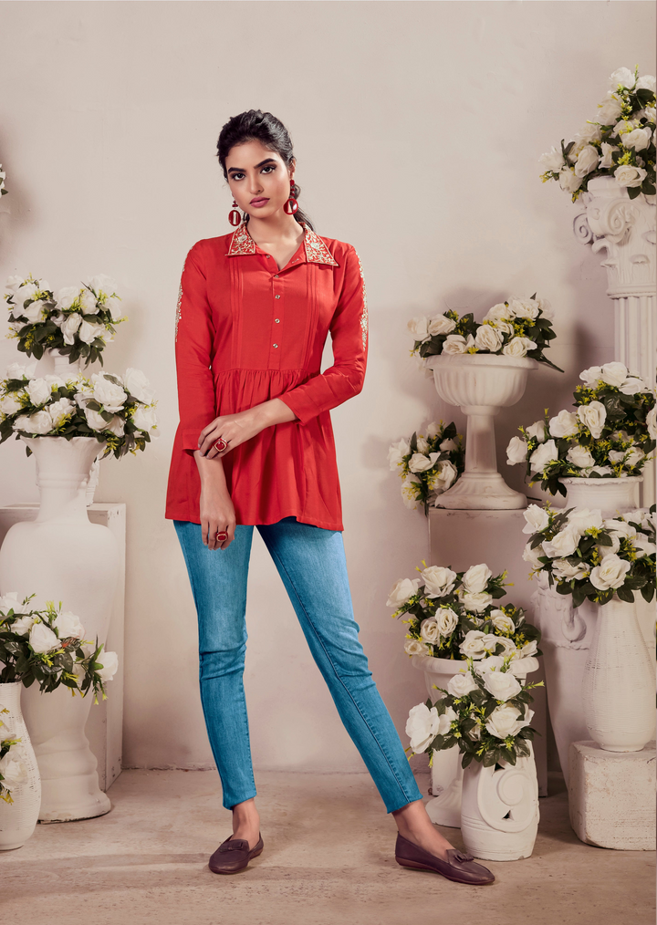 Stylish Red Short Kurti | Indian Ethnic Wear with Designer Work