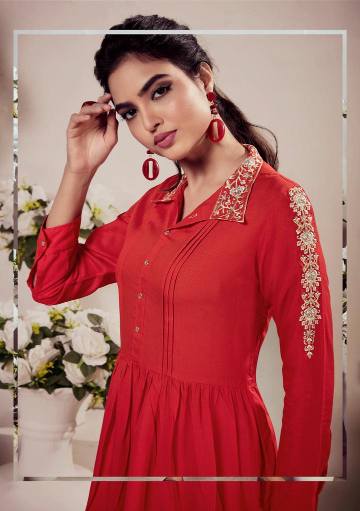 Stylish Red Short Kurti | Indian Ethnic Wear with Designer Work