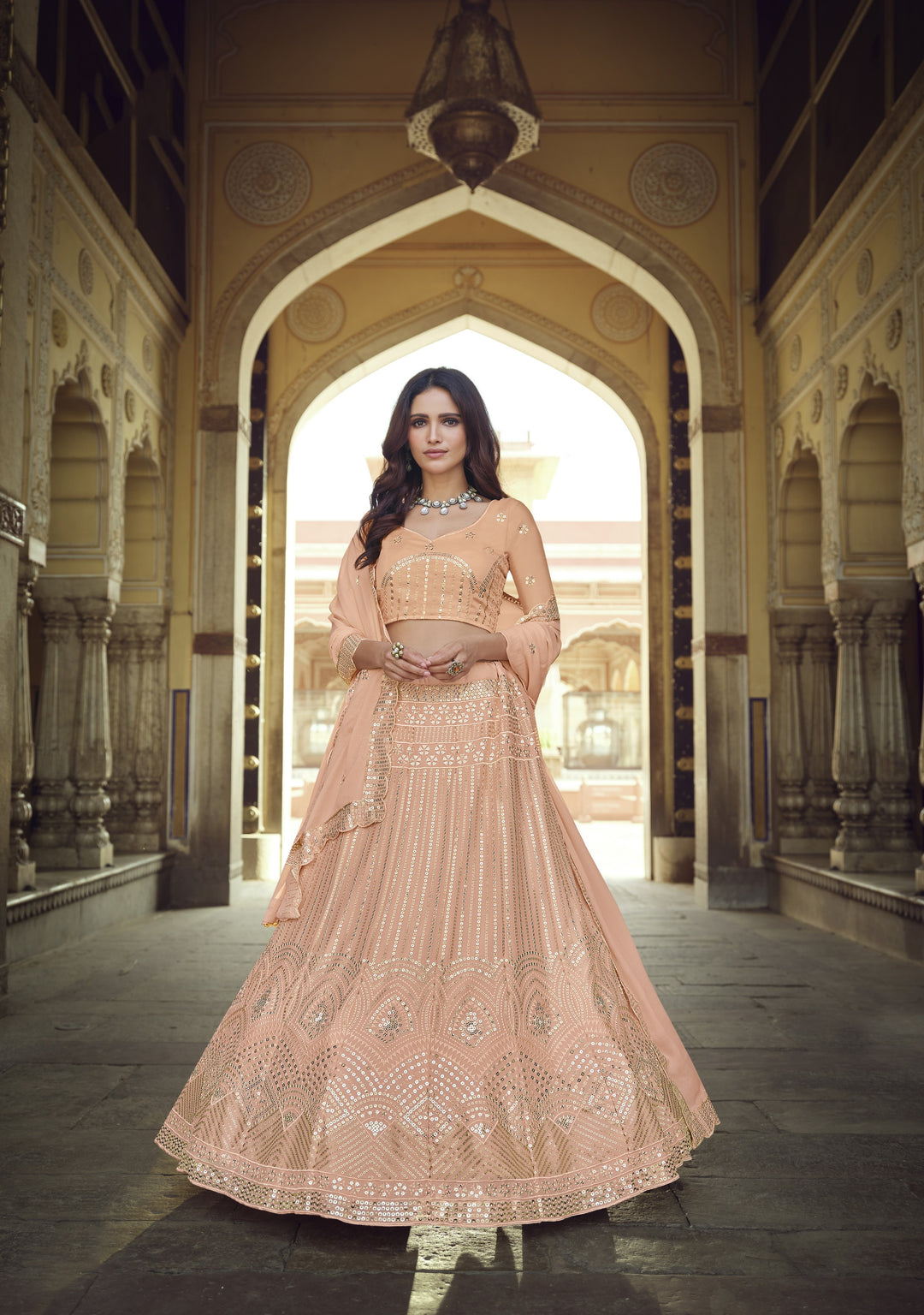 Luxurious Peach Georgette Lehenga with Peach Dupatta | Unmatched Beauty for Grand Occasions