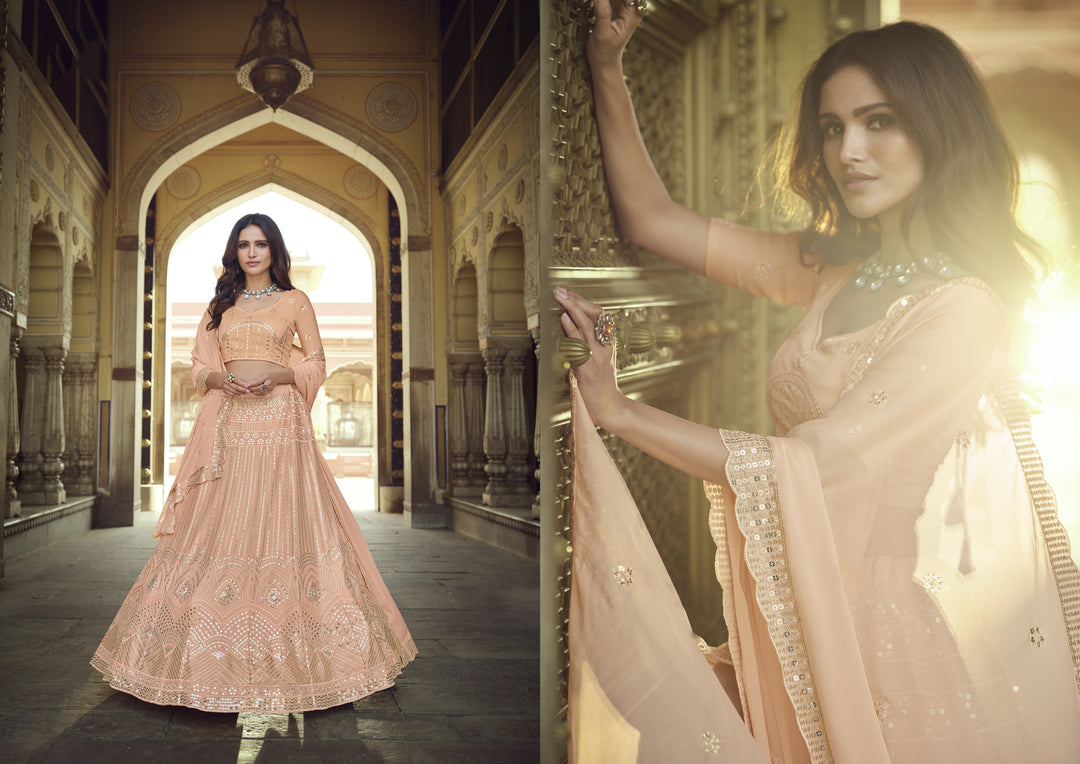 Luxurious Peach Georgette Lehenga with Peach Dupatta | Unmatched Beauty for Grand Occasions