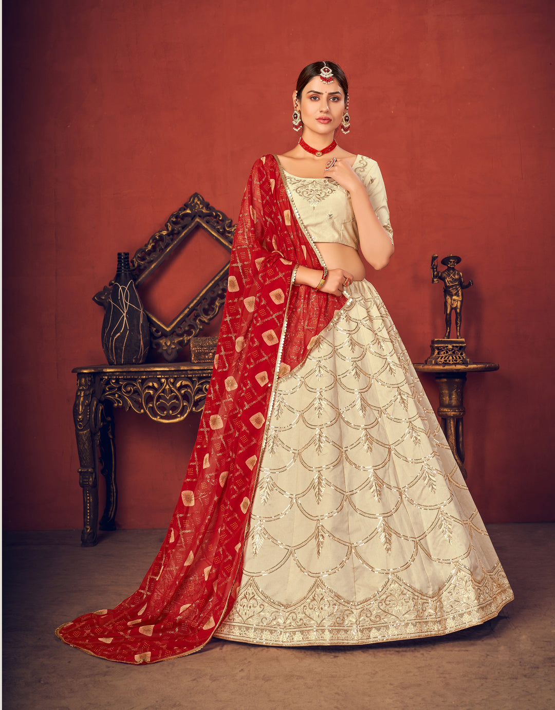 Beautiful Beige Art Silk Lehenga with Red Dupatta | Elegance Redefined for Brides