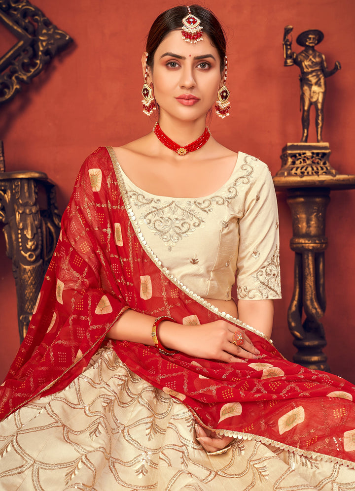 Beautiful Beige Art Silk Lehenga with Red Dupatta | Elegance Redefined for Brides