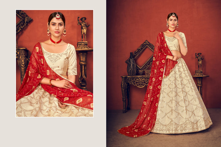 Beautiful Beige Art Silk Lehenga with Red Dupatta | Elegance Redefined for Brides