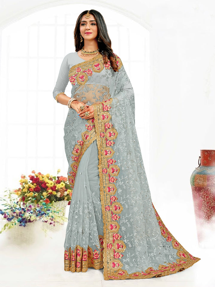 Resham Heavy Embroidery Net Saree | Elegant Traditional Wear for Events