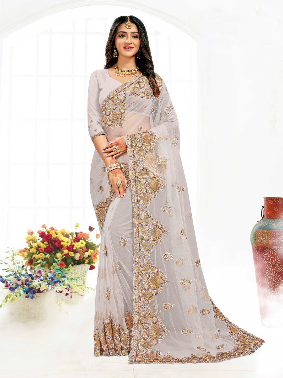 Elegant Net Saree with Resham Heavy Embroidery & Stone Work | Festive Wear