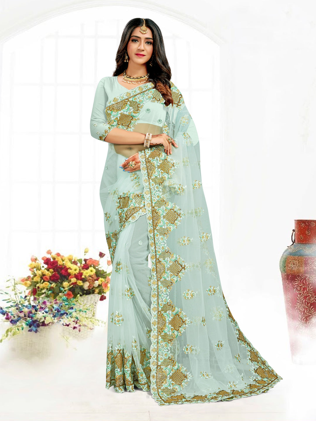 Elegant Net Saree with Resham Heavy Embroidery & Stone Work | Festive Wear