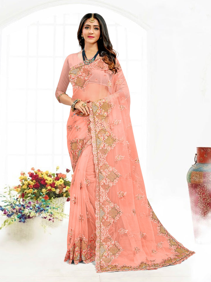 Elegant Net Saree with Resham Heavy Embroidery & Stone Work | Festive Wear