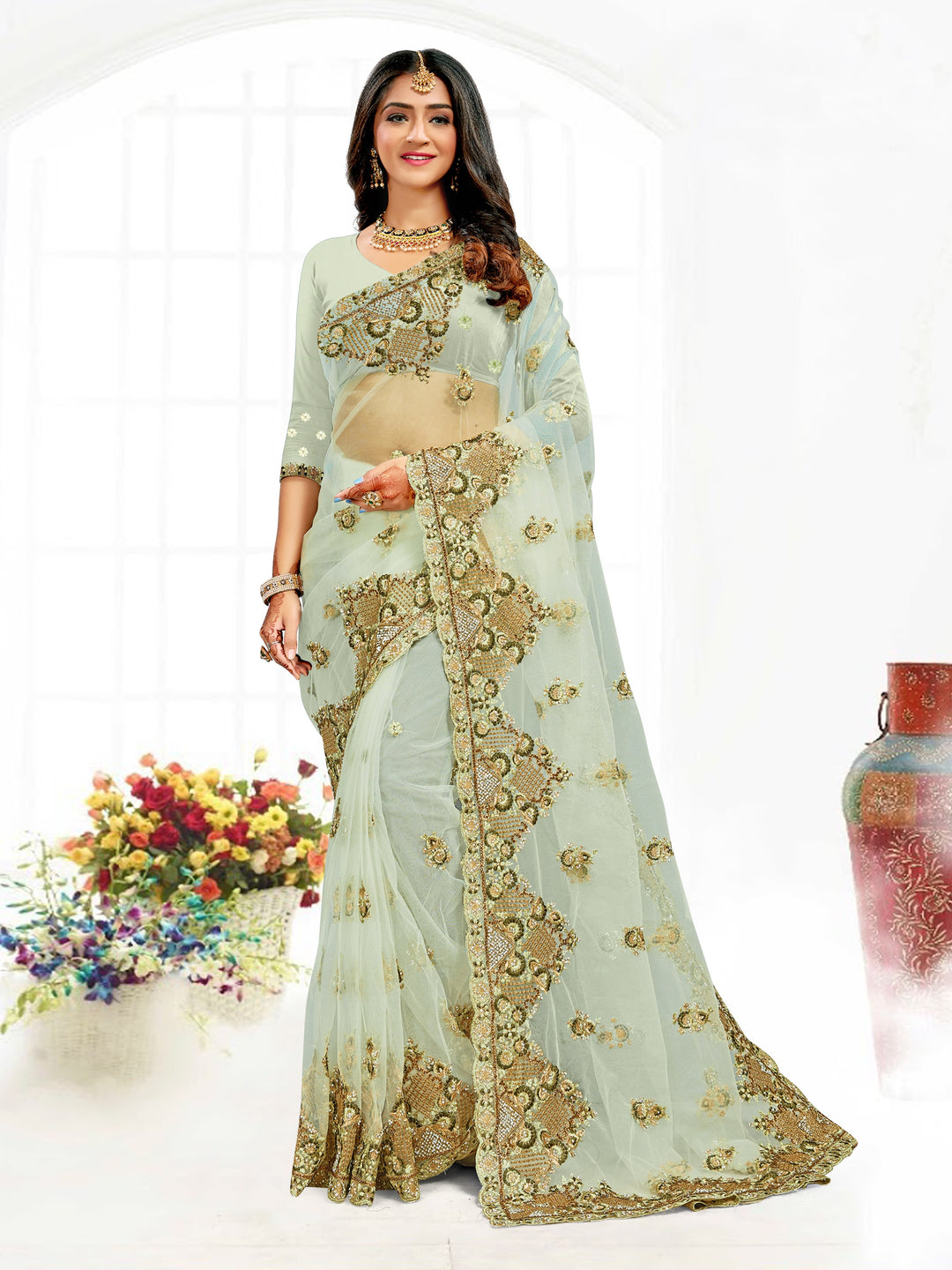 Elegant Net Saree with Resham Heavy Embroidery & Stone Work | Festive Wear