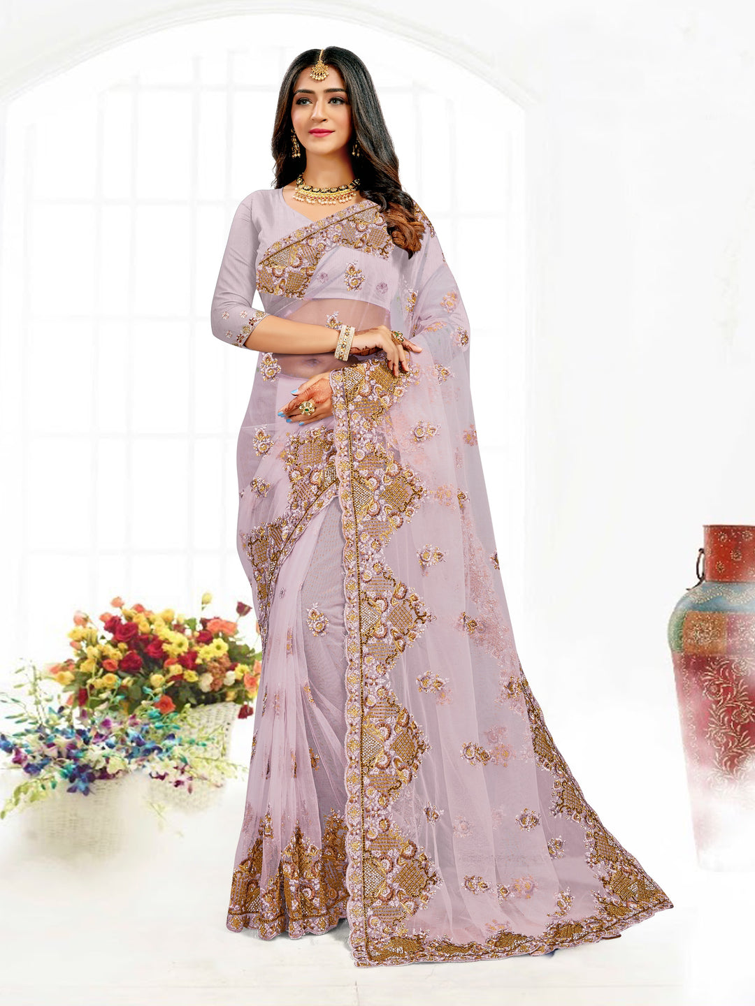 Elegant Net Saree with Resham Heavy Embroidery & Stone Work | Festive Wear