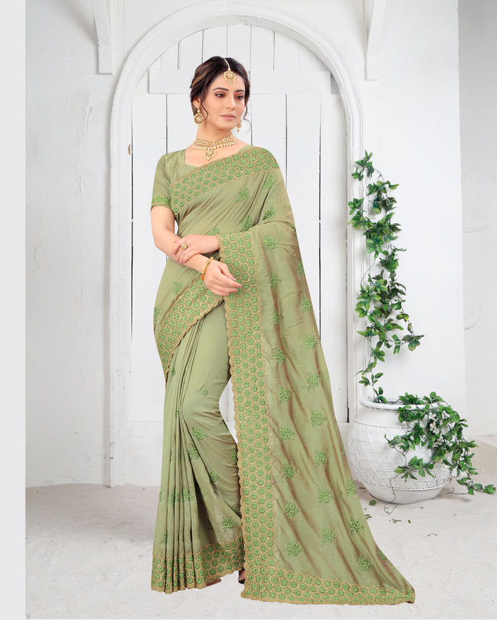 Vichitra Silk Saree with Resham & Stone Work | Heavy Embroidery for Weddings