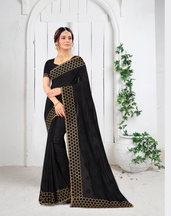 Vichitra Silk Saree with Resham & Stone Work | Heavy Embroidery for Weddings