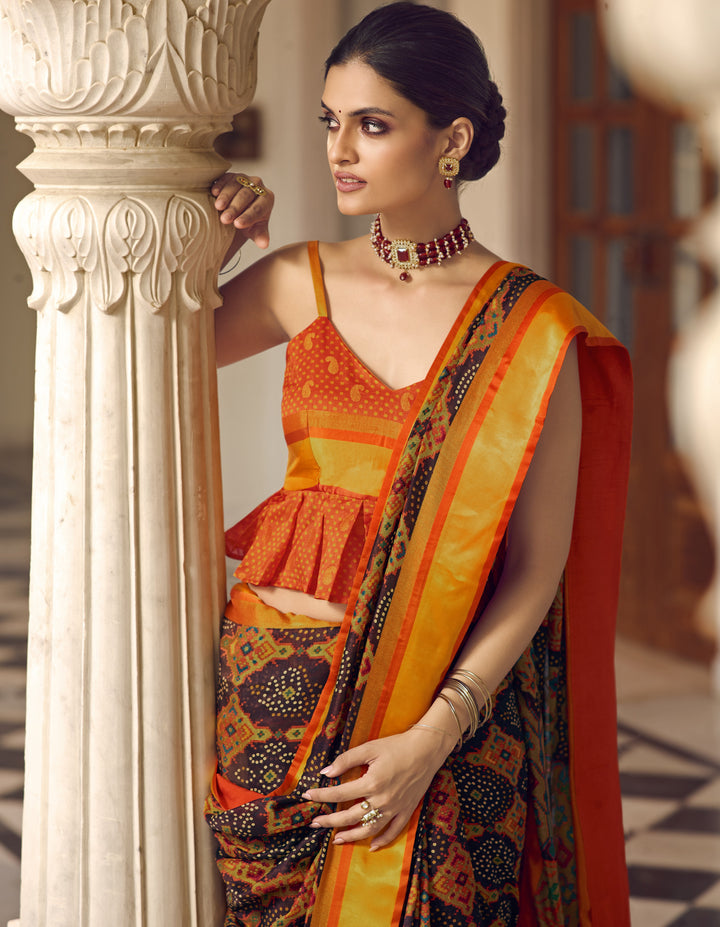 Brasso Saree with Art-Silk Blouse | Designer Bandhani-Printed for Weddings