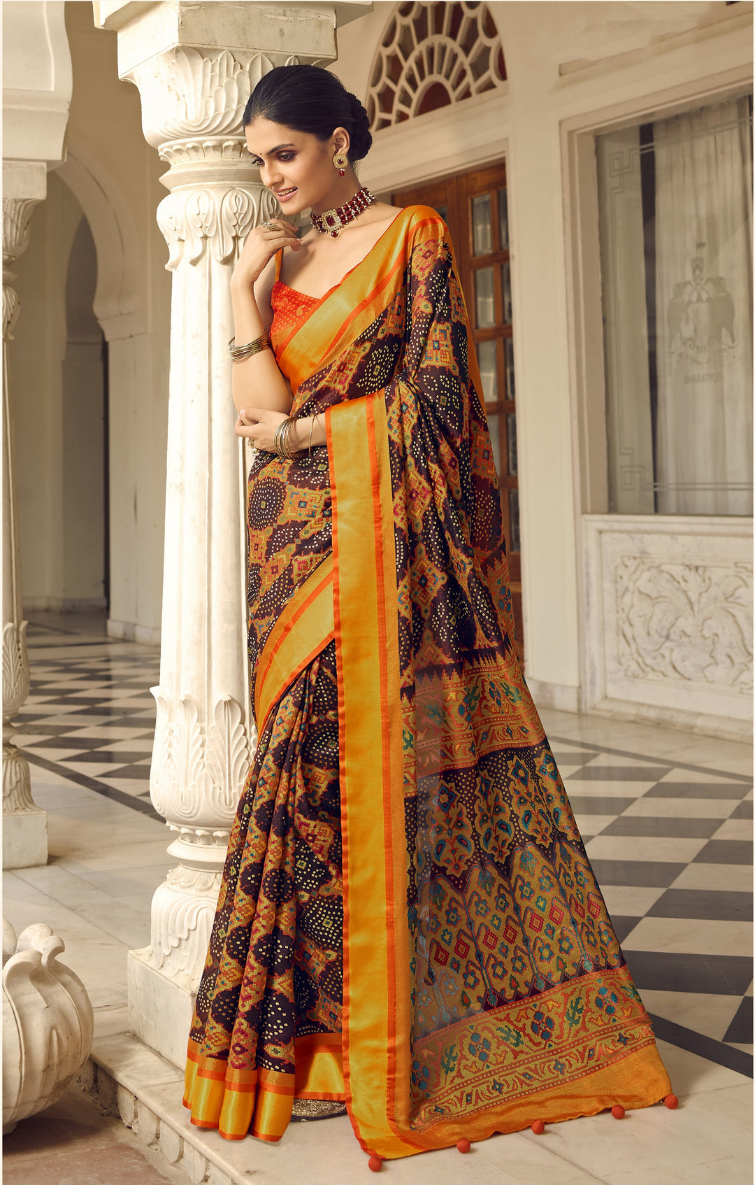 Brasso Saree with Art-Silk Blouse | Designer Bandhani-Printed for Weddings