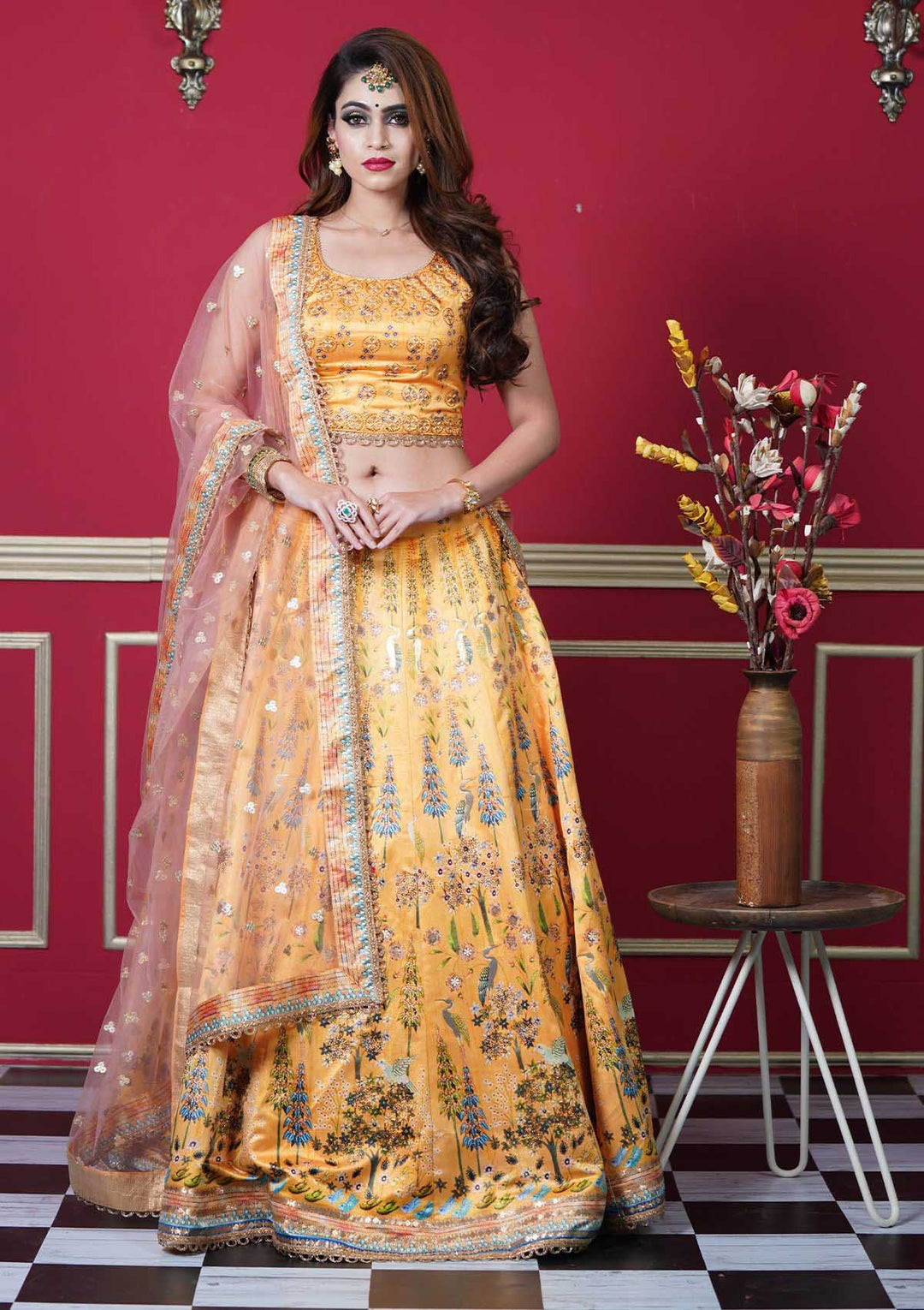 Luxurious Mustard Silk Lehenga Choli with Peach Dupatta | Perfect for Weddings and Celebrations