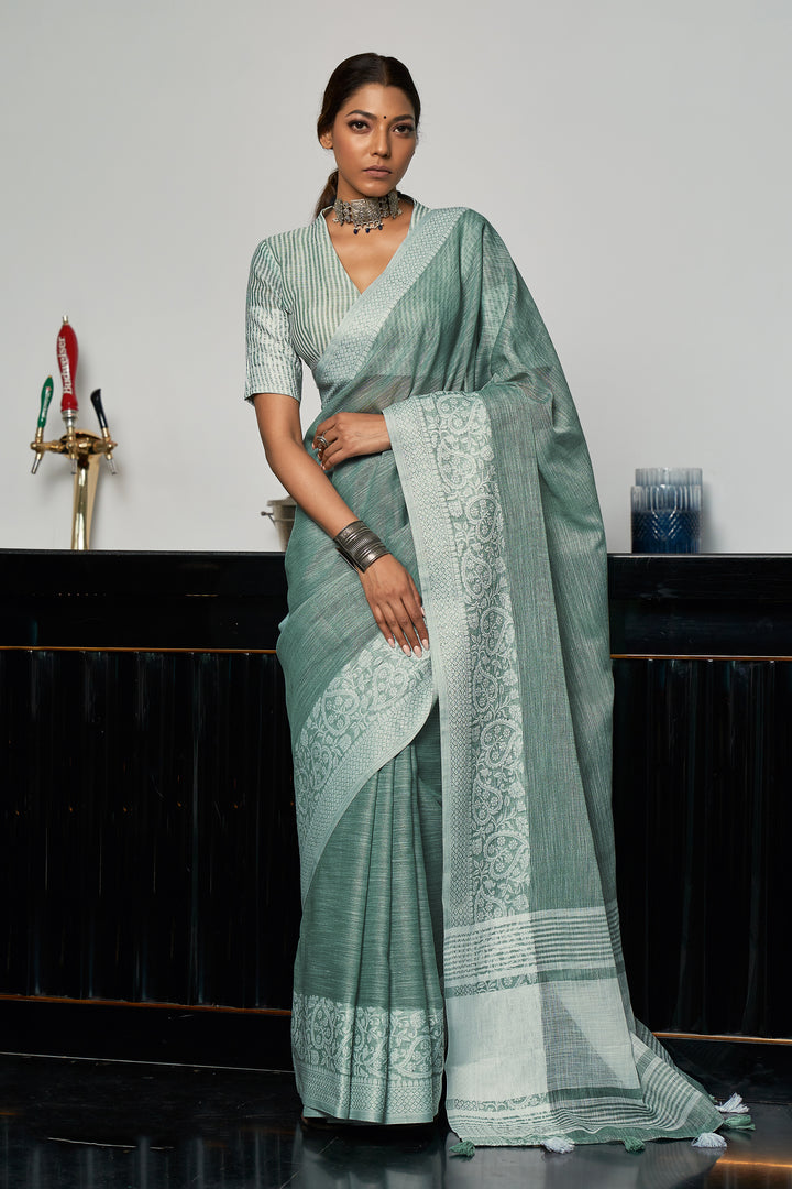 Designer Saree | Linen Fabric Saree with Border Work for Festive Events