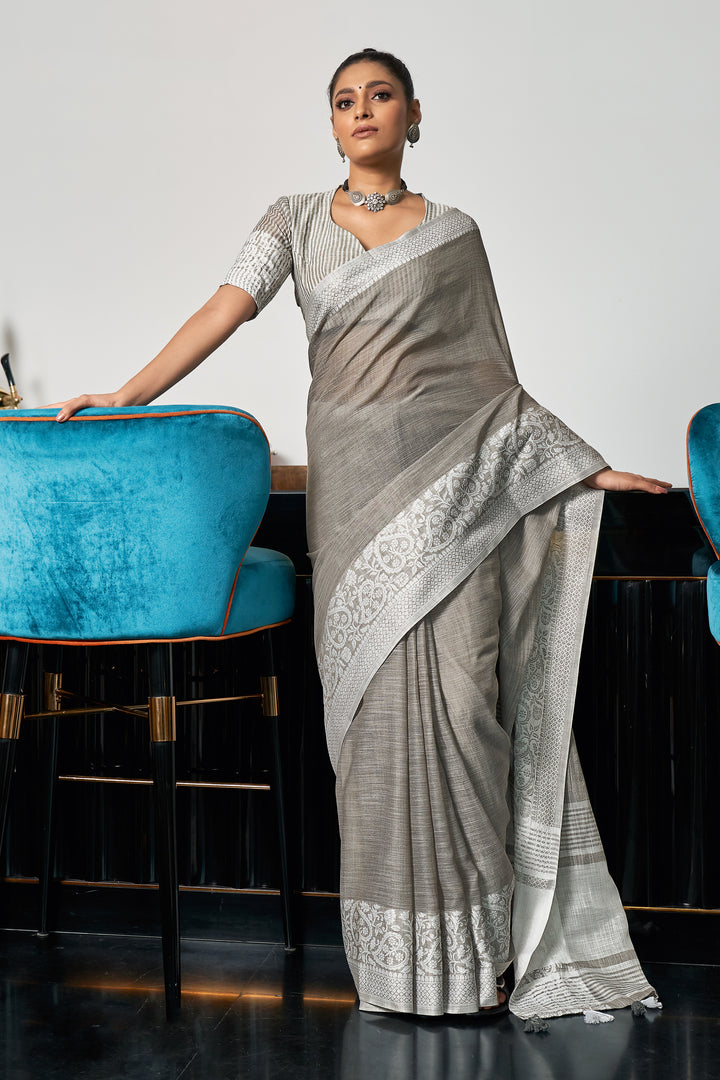 Designer Saree | Linen Fabric Saree with Border Work for Festive Events