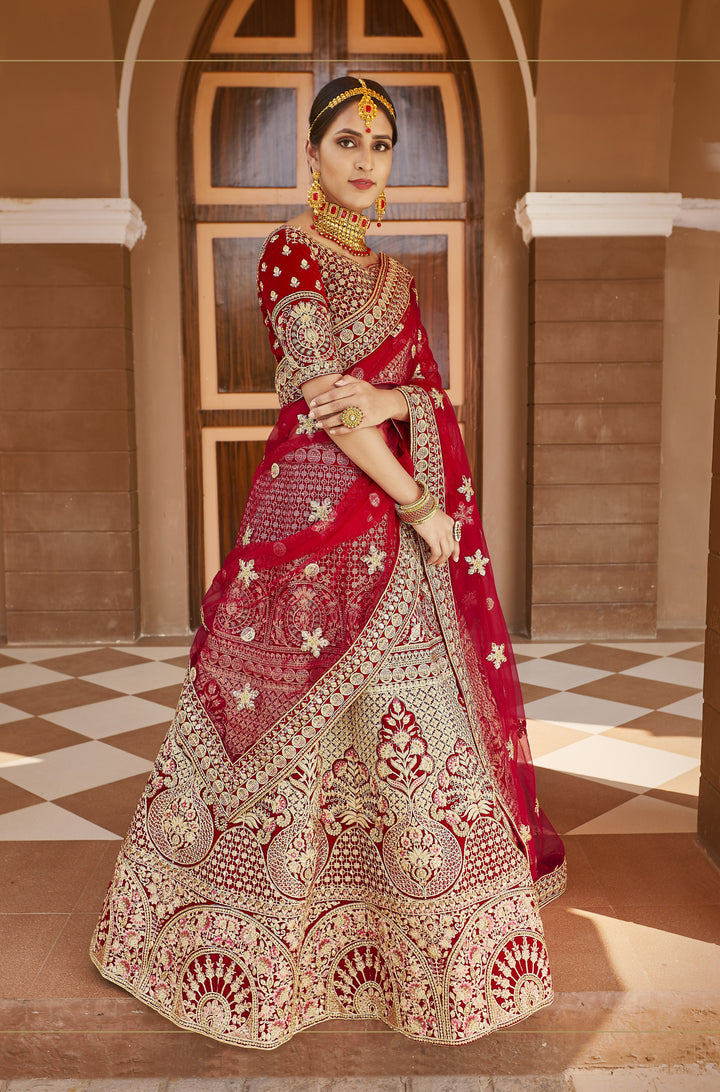 Elegant Red Lehenga | Designer Velvet Lehenga Choli for Weddings and Parties