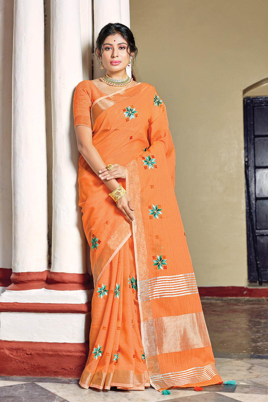 Linen Printed Designer Saree | Traditional Wedding Festive Wear