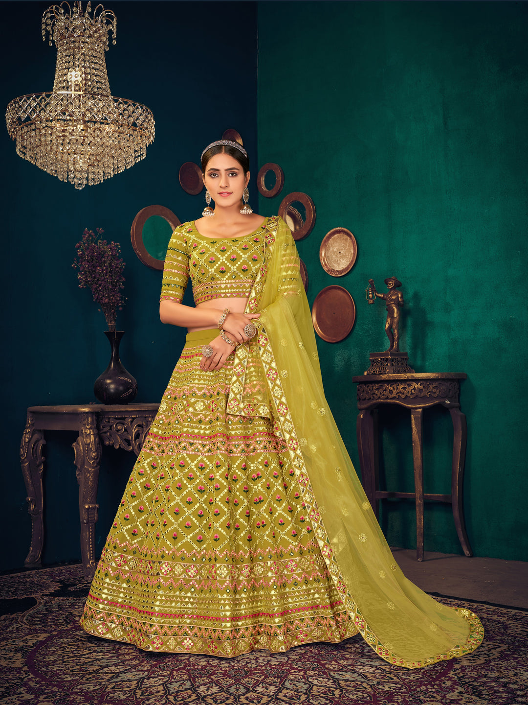 Wedding Partywear Green Lehenga Choli | Georgette & Net Fabric with Embroidery