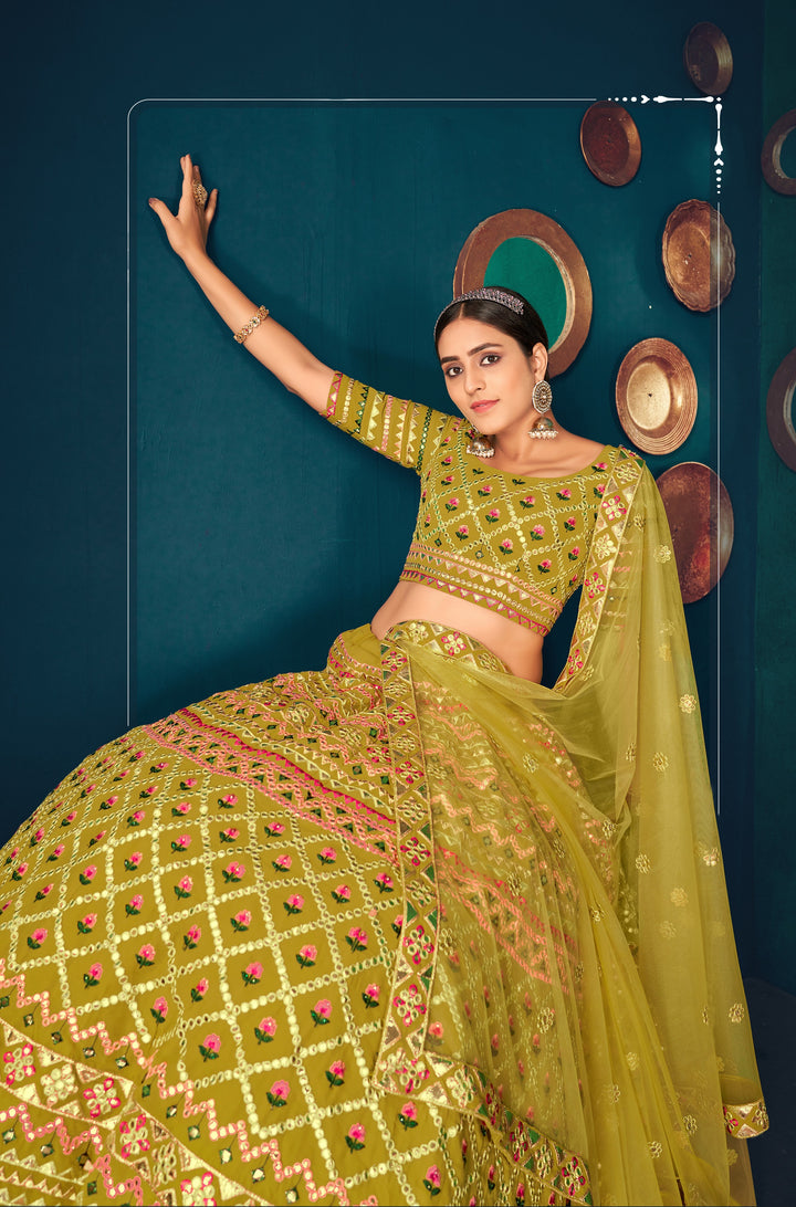 Wedding Partywear Green Lehenga Choli | Georgette & Net Fabric with Embroidery