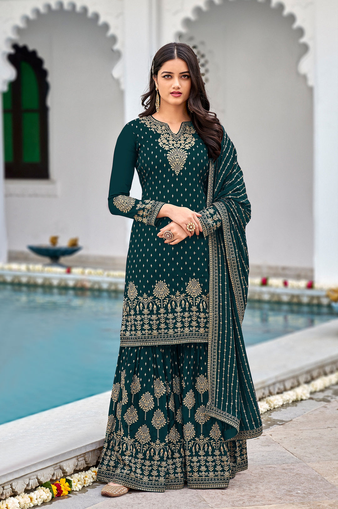 Teal Blue Designer Pakistani Sharara Suit | Faux Georgette with Heavy Sequins Embroidery